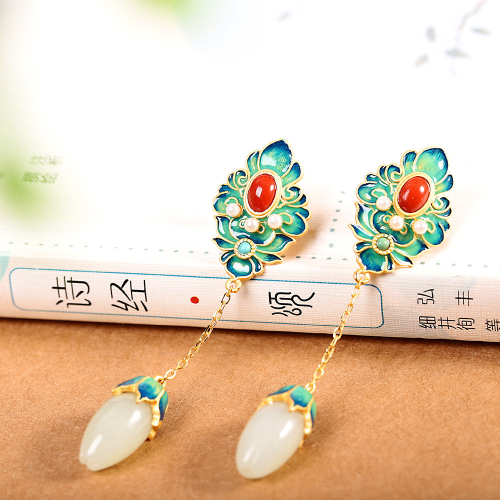 Silver S925 Silver Inlaid Hetian Jade White Jade Flower Earrings