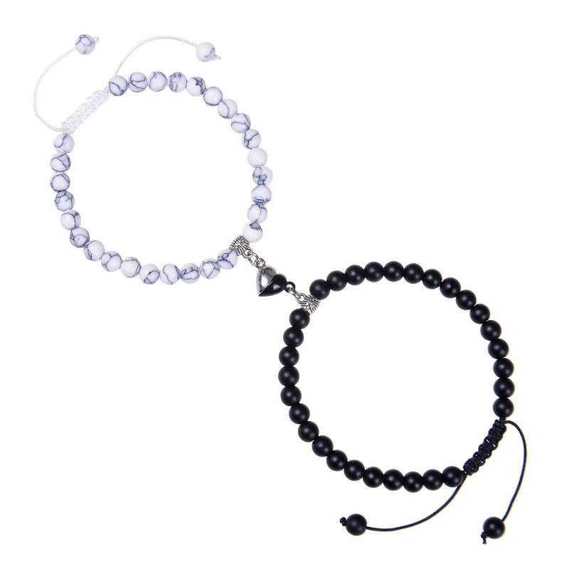 Heart-shaped Magnet Suction Black Frosted Stone Couple Bracelet