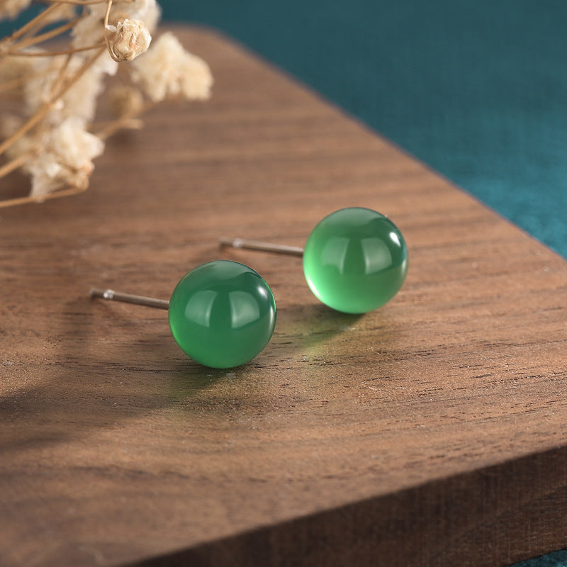 Jade Earrings Vintage Round Emerald Chalcedony Agate