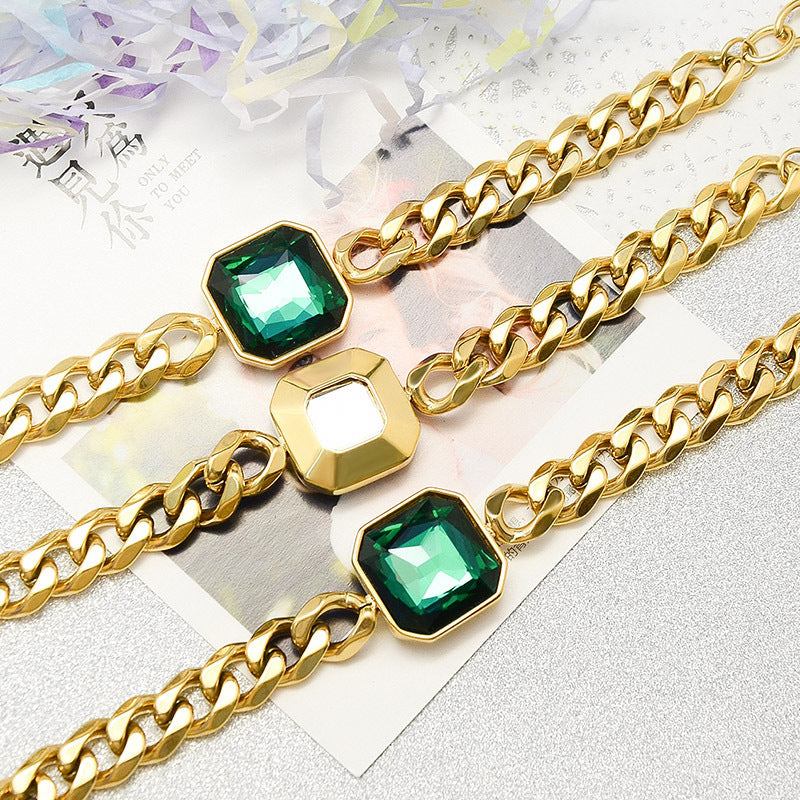 Full-gloss Denim Chain Green Jade Faceted Stone Titanium Steel Bracelet