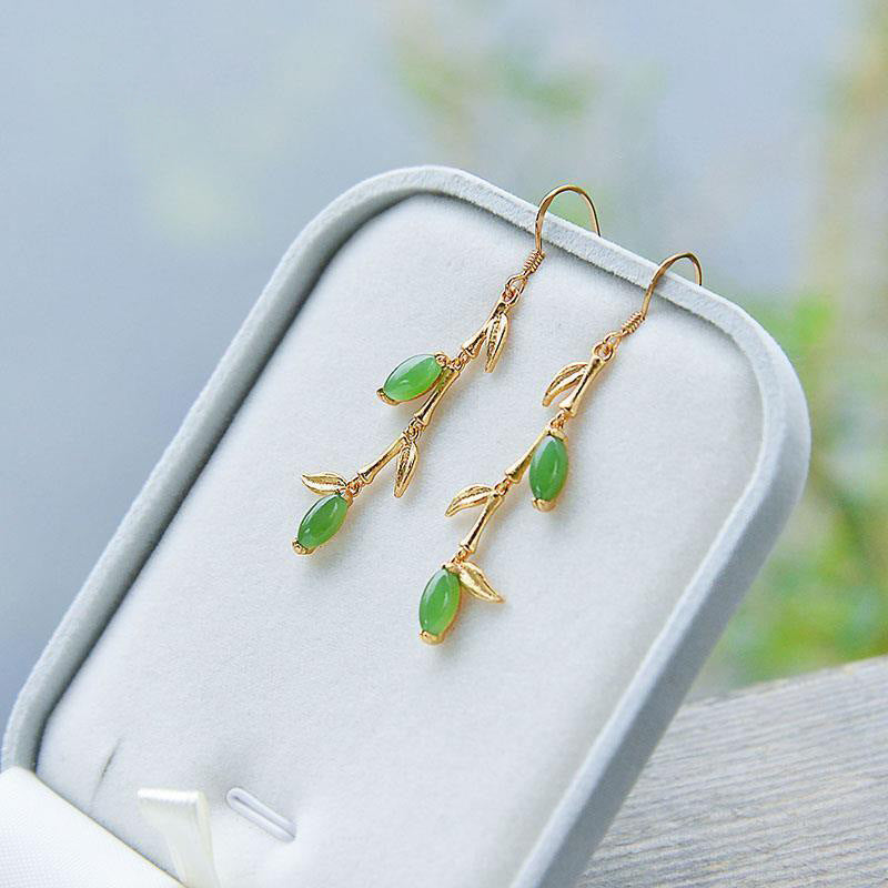 Natural Hetian Jade Green Jade Willow Leaf Earrings S925 Sterling Silver