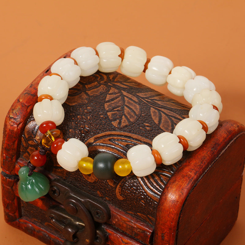 White Jade Bodhi Root Carved Pumpkin Beads Bracelet