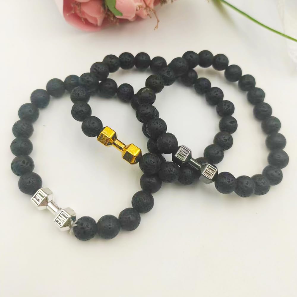 Men's Jewelry Alloy Metal Barbell & Lava Rock Stone Beads
