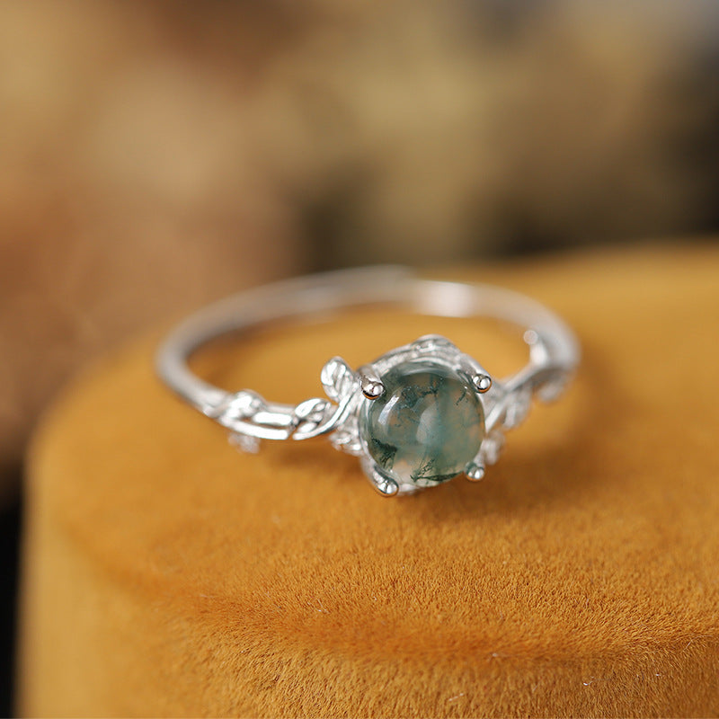 S925 Silver Green Moss Ring Water Plants Agate Stone