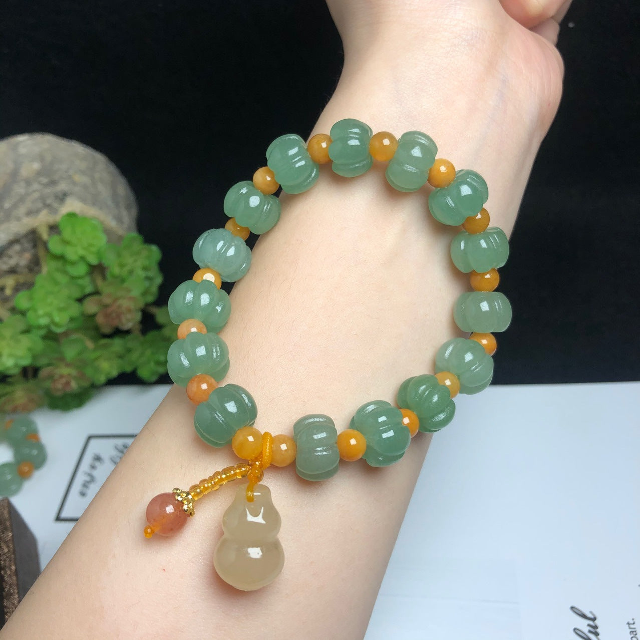 Golden Jade Small Round Bead Gourd Pendant Bracelet
