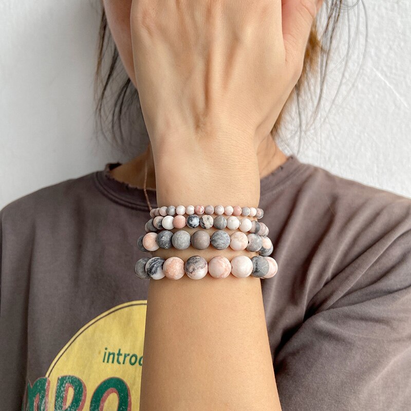 Natural Frosted Pink Zebra Jaspers Stone Bracelets