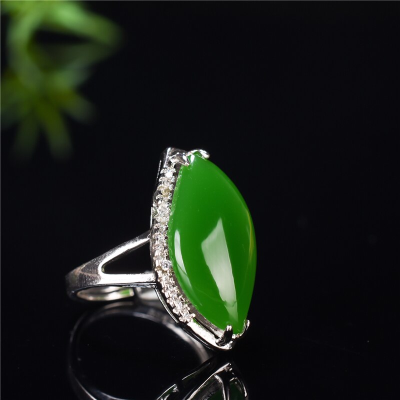 Natural Green Hetian Jade 925 Silver Ring Chinese