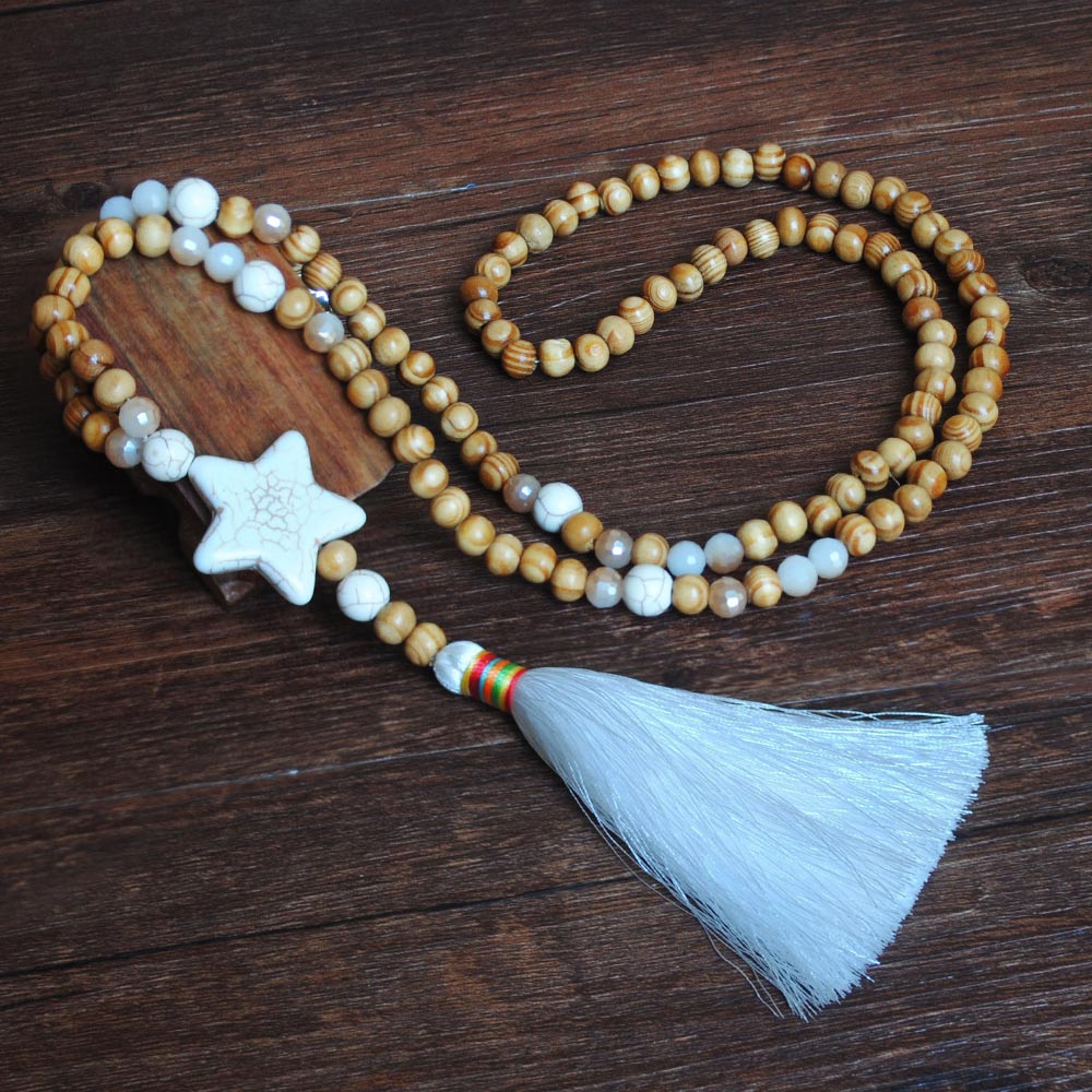 Bohemian Necklace Handmade Stones Tassels Wood