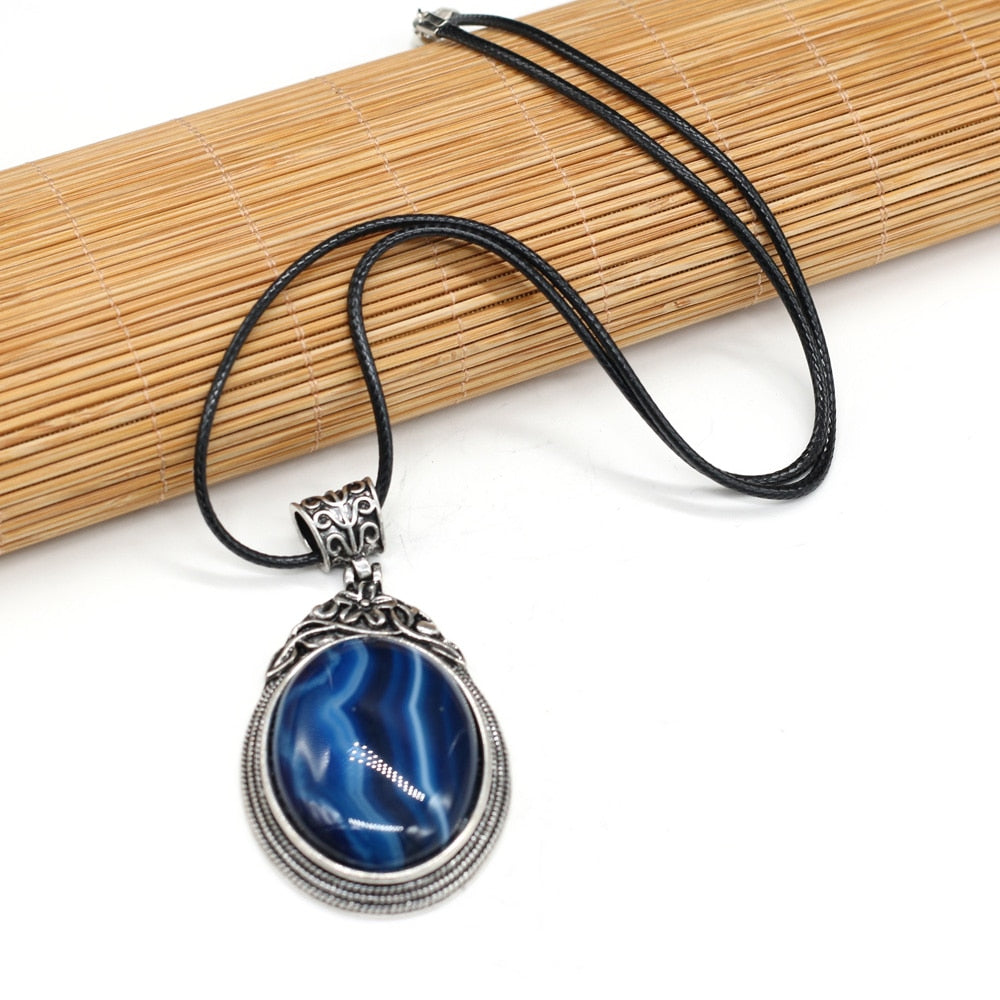 Stone Necklace Oval Shape Crystal Opal Blue Sand