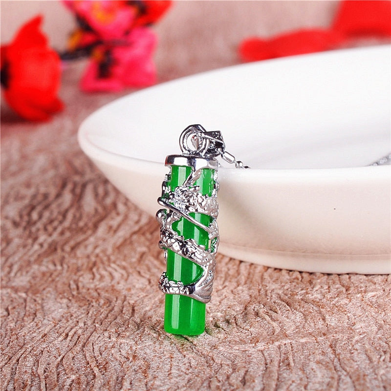 Natural Green Jade Dragon Pillar Pendant