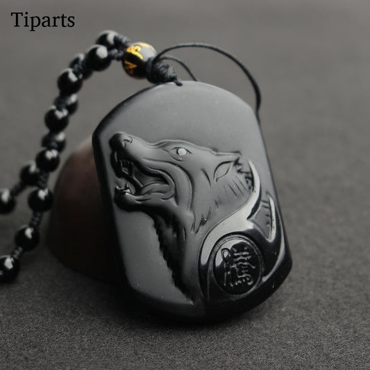 Black Obsidian Carving Wolf Head Amulet Necklace