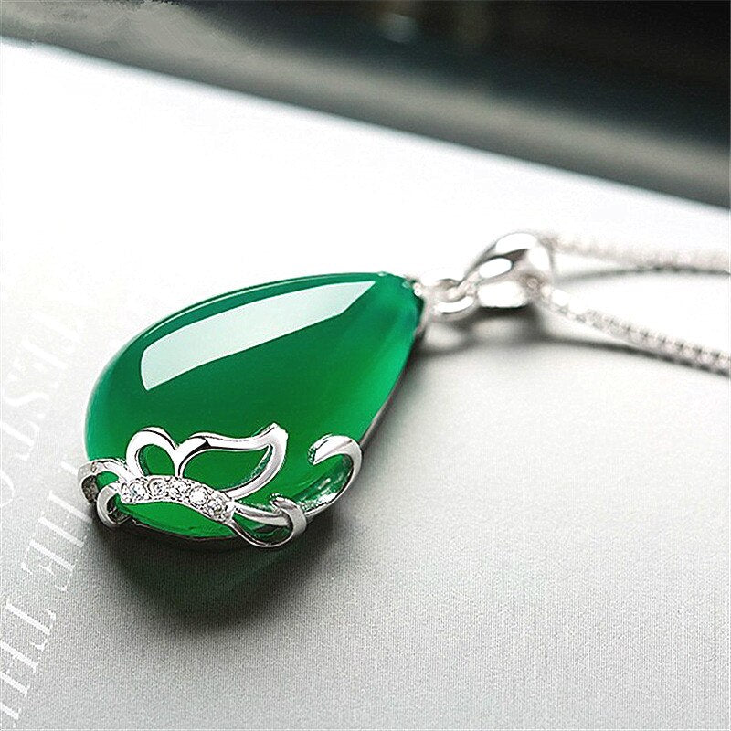 Green Jade Chalcedony Water Drop Pendant