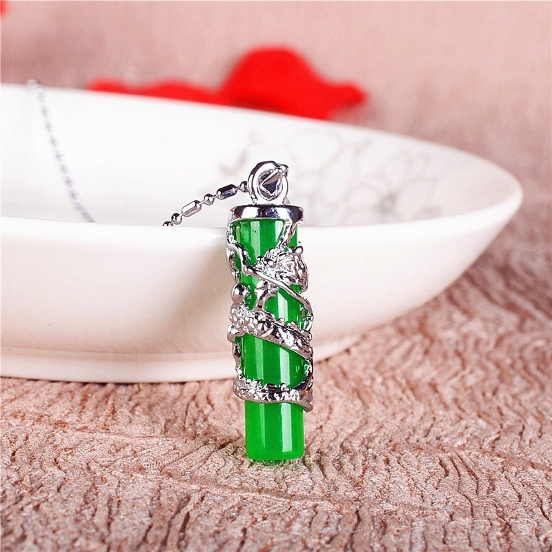Natural Green Jade Dragon Pillar Pendant Necklace