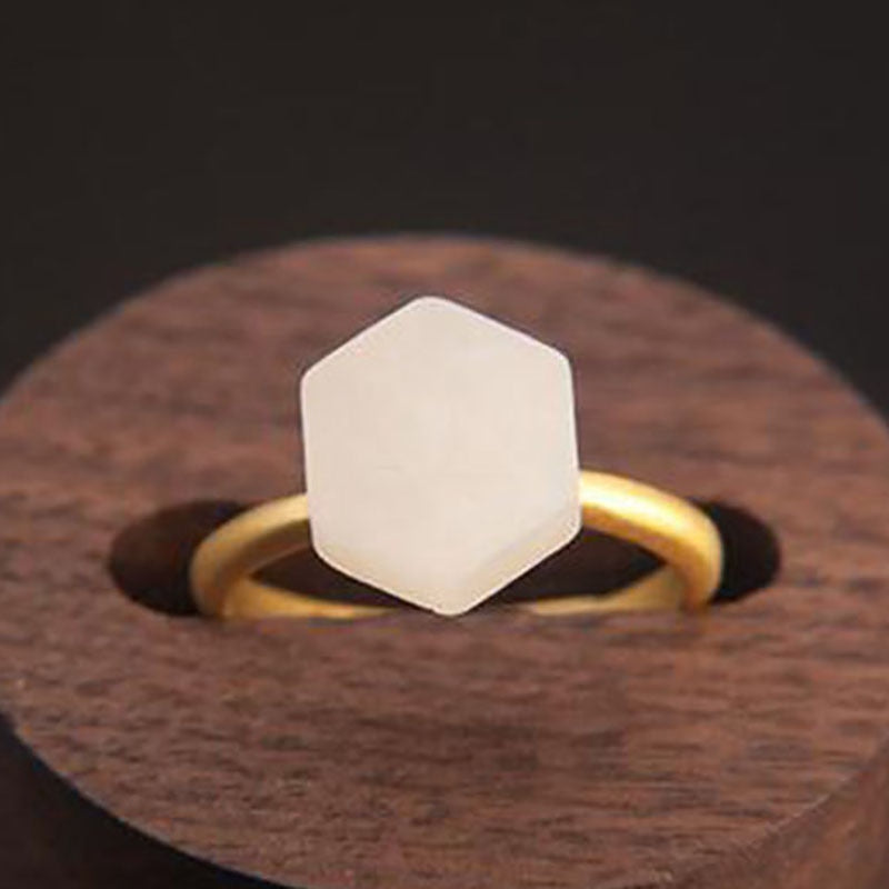 SNew silver inlaid natural Hetian white jade ring