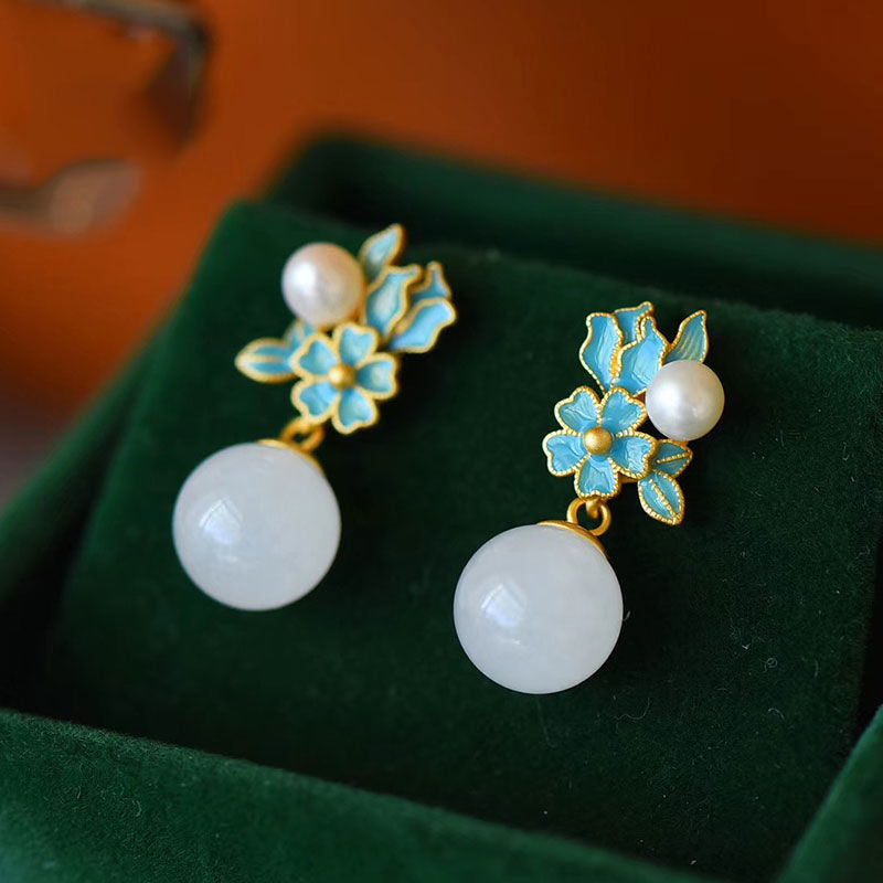 Flower Natural Hetian Jade Pearl Earrings