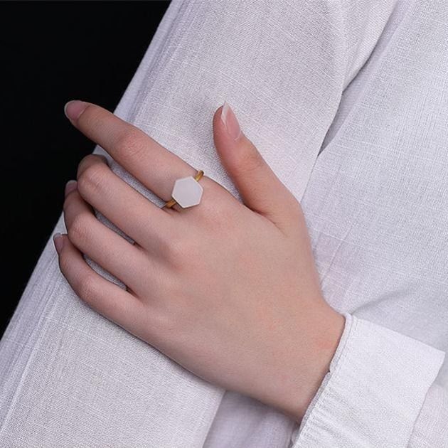SNew silver inlaid natural Hetian white jade ring