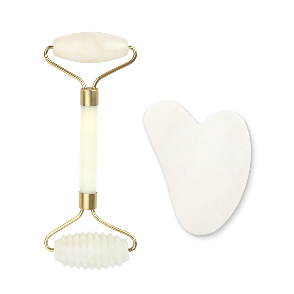 White Jade Roller Gua Sha Set Massage Tool White