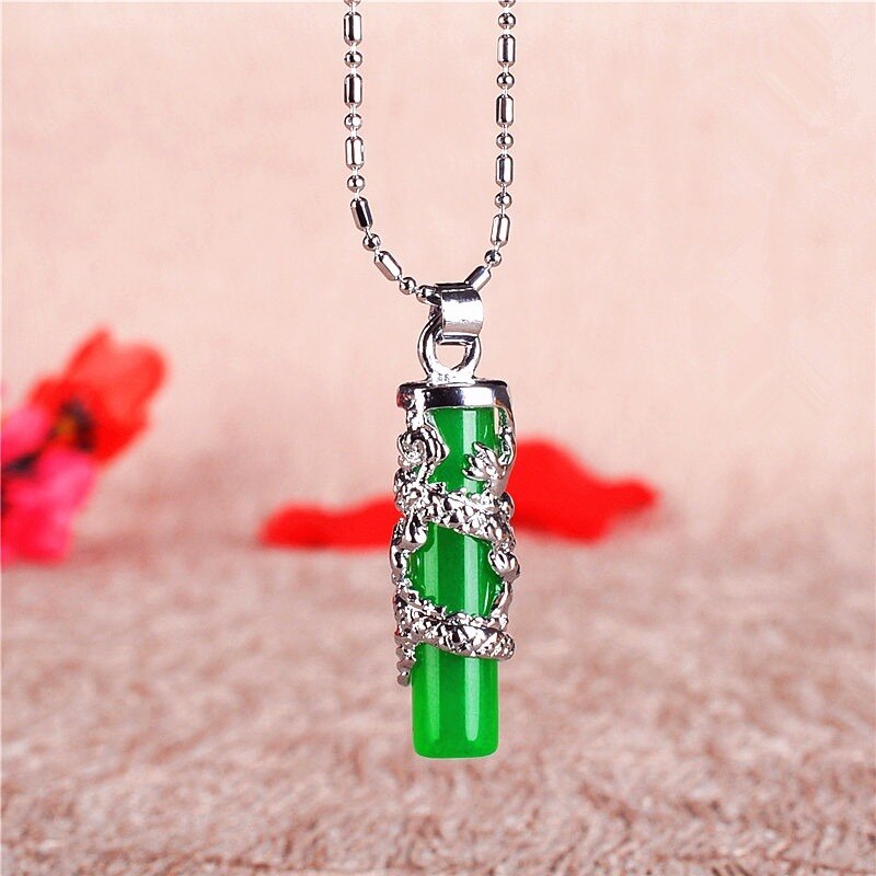 Natural Green Jade Dragon Pillar Pendant Necklace