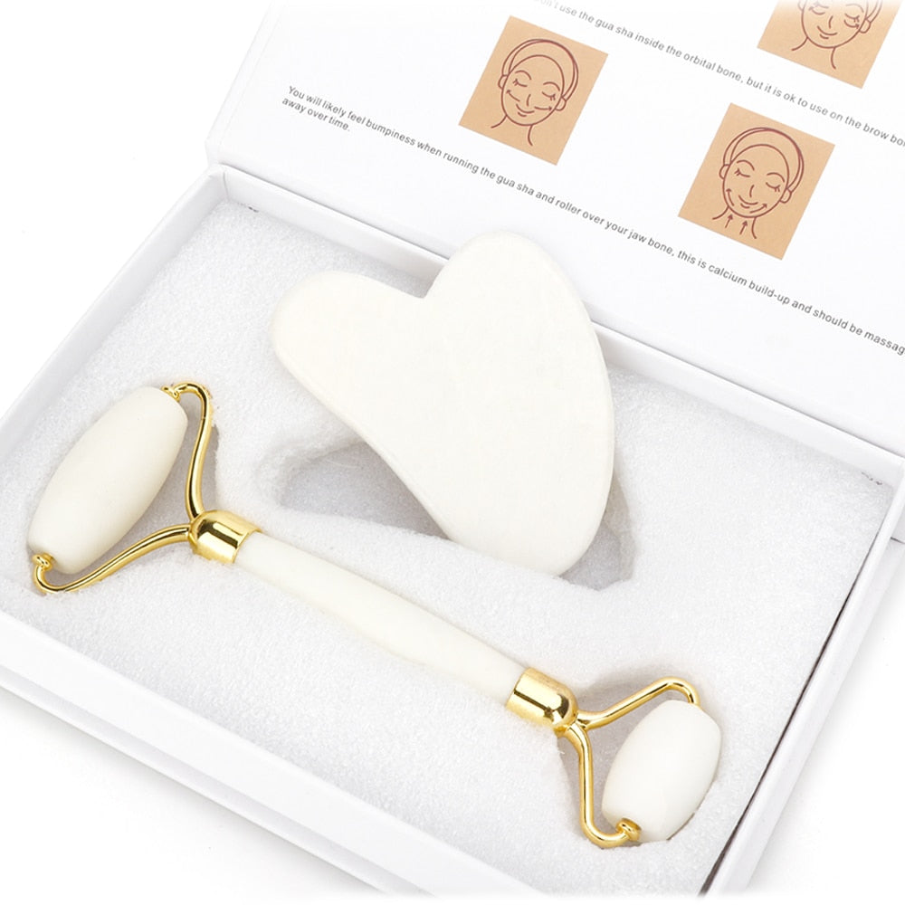 White Jade Roller Gua Sha Set Massage Tool White