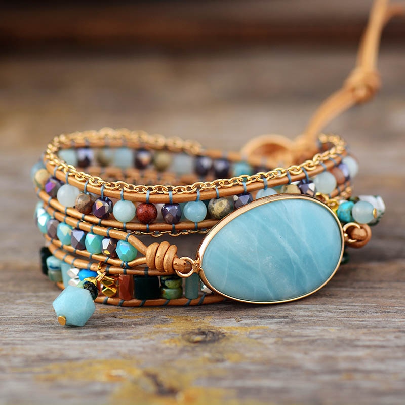 Multilayered Leather Wrap Bracelet W/ Natural Stone