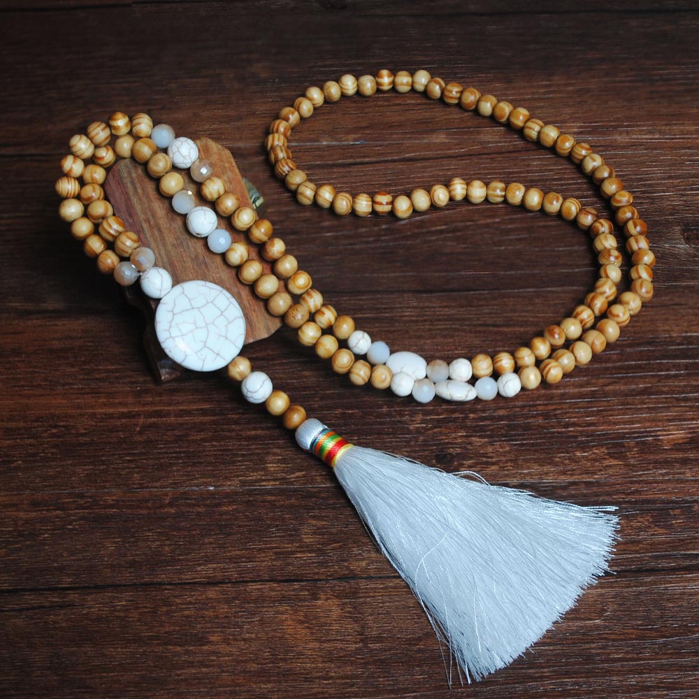 Bohemian Necklace Handmade Stones Tassels Wood