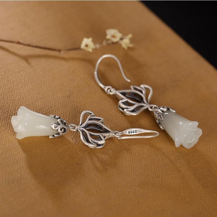 White jade magnolia flower earrings Chinese style