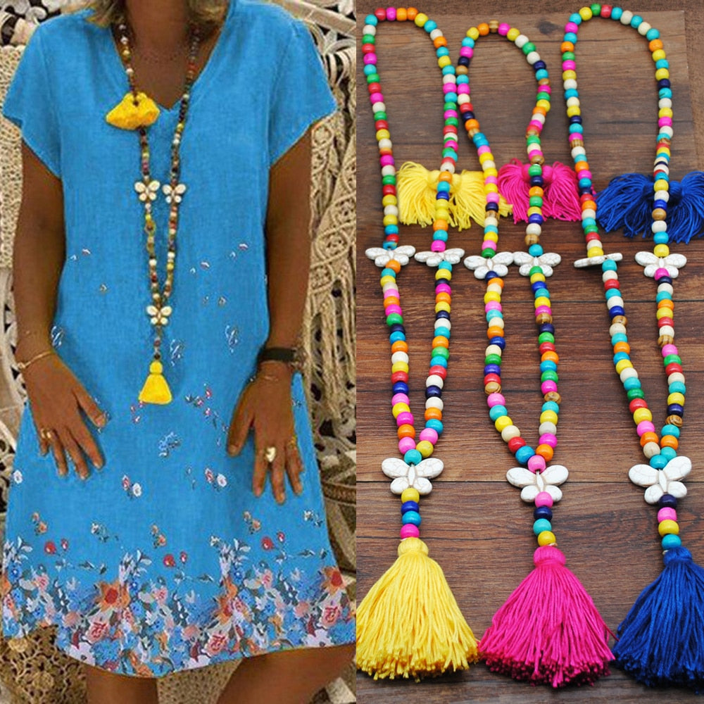 Bohemian Necklace Handmade Stones Tassels Wood