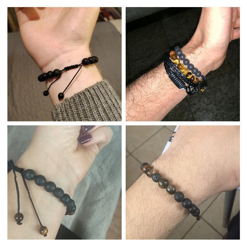 Men Bracelet Tiger Eye Stone Braided Black