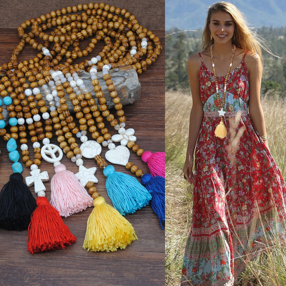 Bohemian Necklace Handmade Stones Tassels Wood