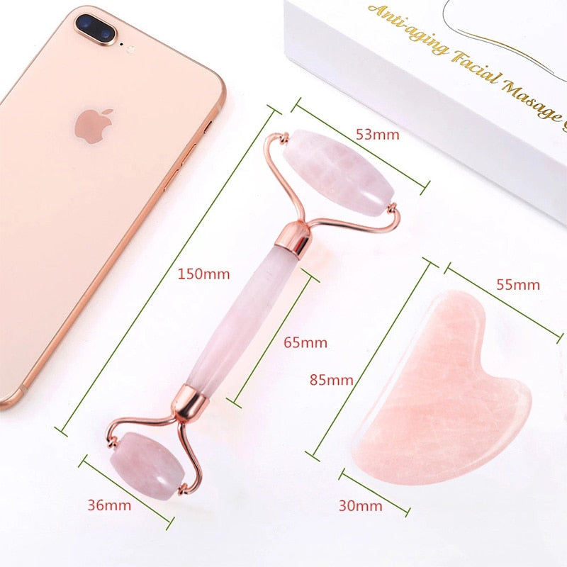 Three-piece Rose Quartz Roller Facial Massager