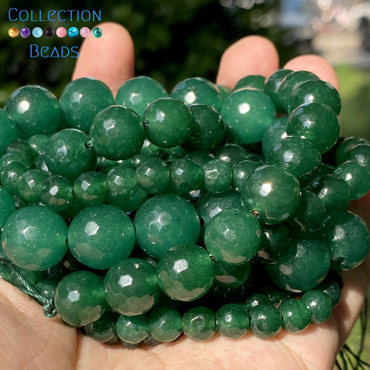 Natural Stone Faceted Green Jades Round Beads