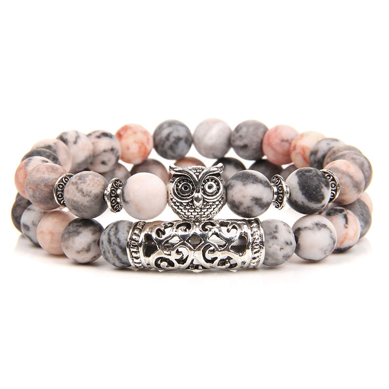 Owl Charm Bracelet Natural Stone Tiger Eye Lava