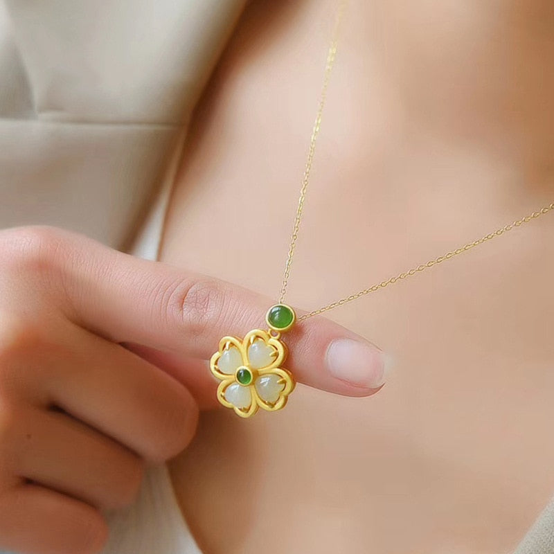 Yellow Gold Filled Necklace Natural Green Jade