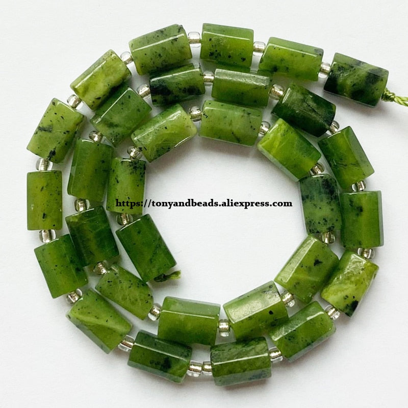 7'' Natural Faceted Jade Cylinder Spacer Stone Beads
