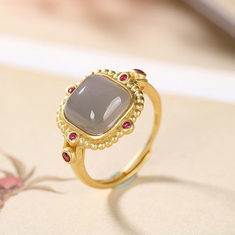 Natural Hetian jade Ruby Ring Chinese classical geometry