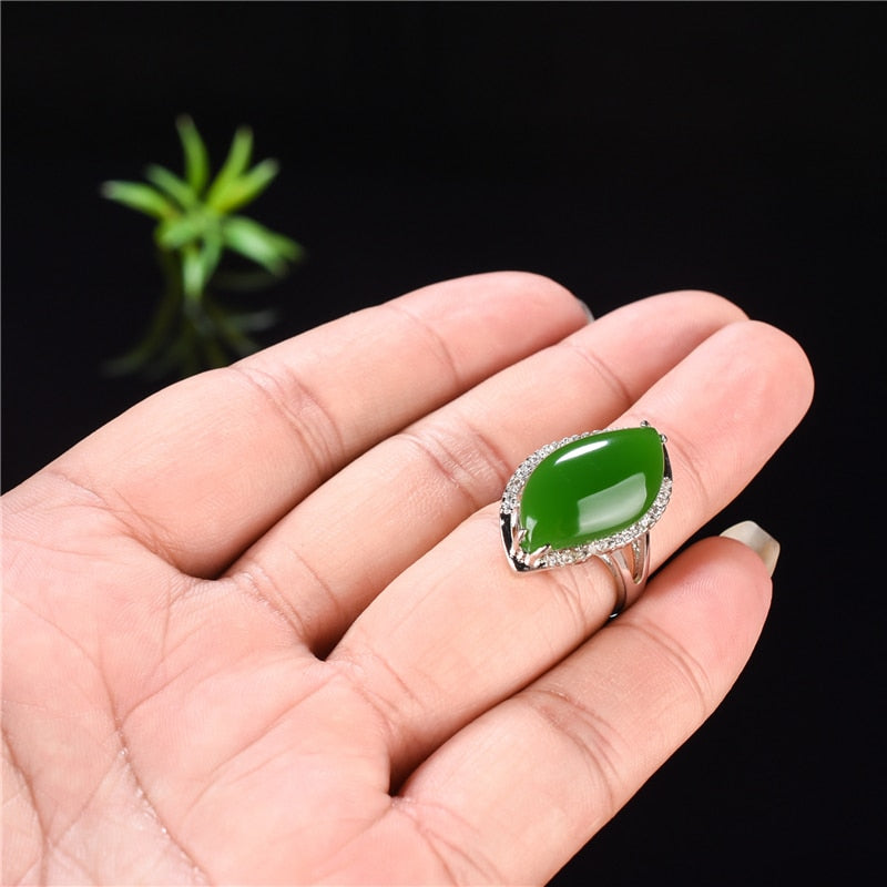 Natural Green Hetian Jade 925 Silver Ring Chinese