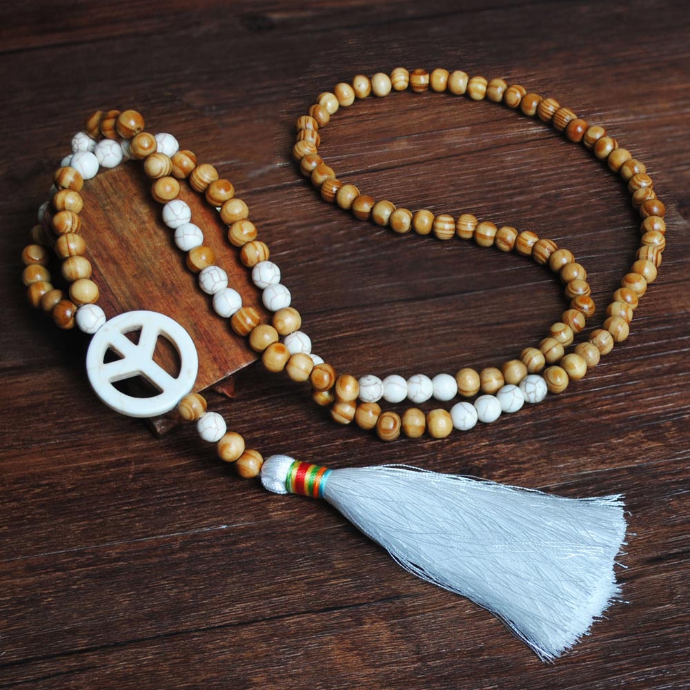 Bohemian Necklace Handmade Stones Tassels Wood