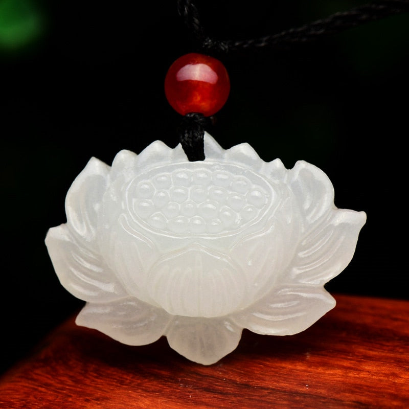Natural White Jade Lotus Pendant Necklace