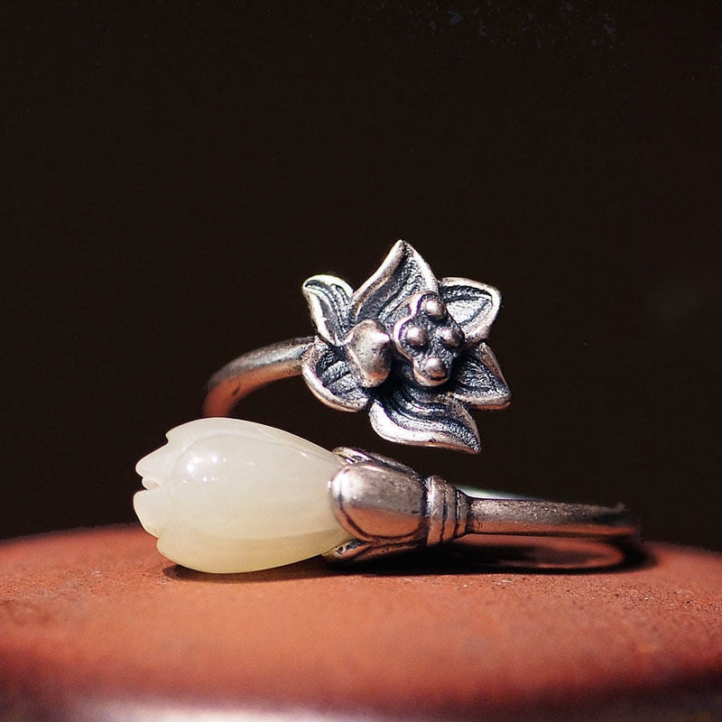 Sterling Silver Natural Hetian Jade Lotus Ring