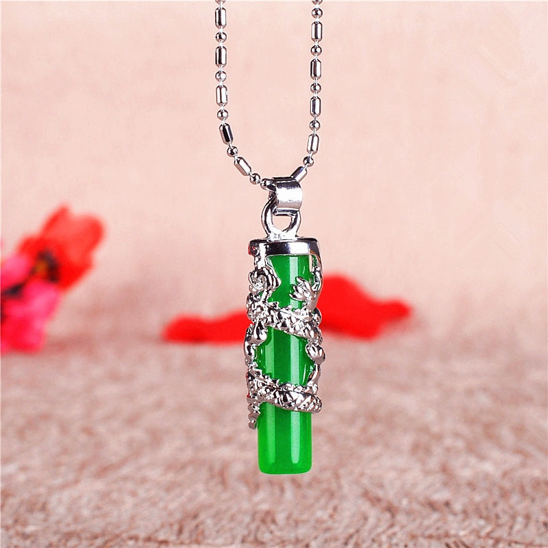 Natural Green Jade Dragon Pillar Pendant