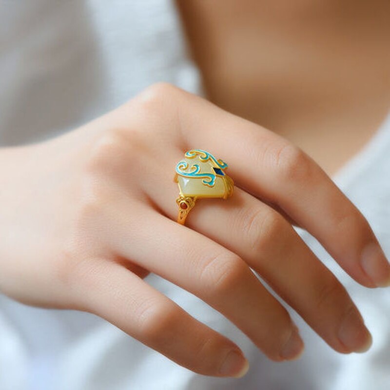 New silver retro enamel ring inlaid with Hetian jade