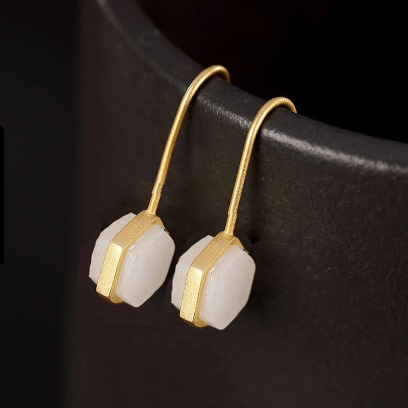 New Silver inlaid natural white Chalcedony earrings