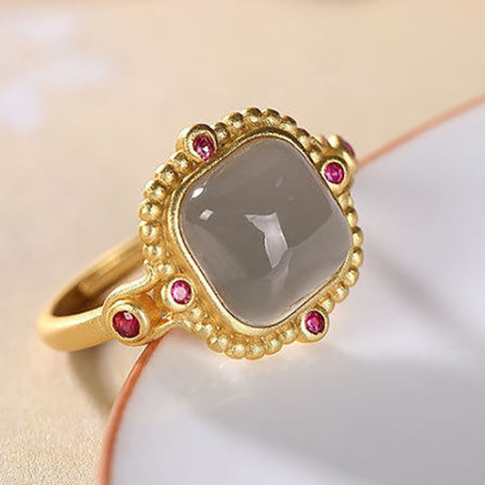 Natural Hetian jade Ruby Ring Chinese classical geometry