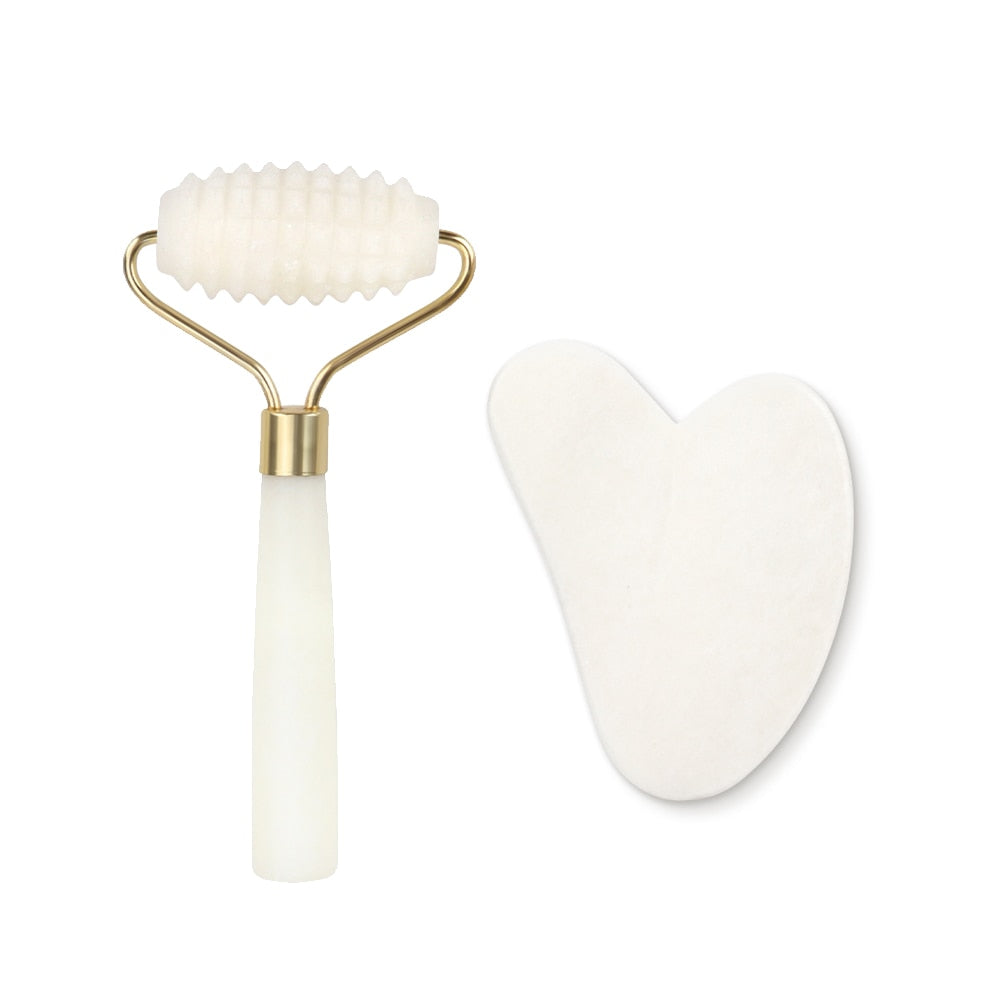 White Jade Roller Gua Sha Set Massage Tool White