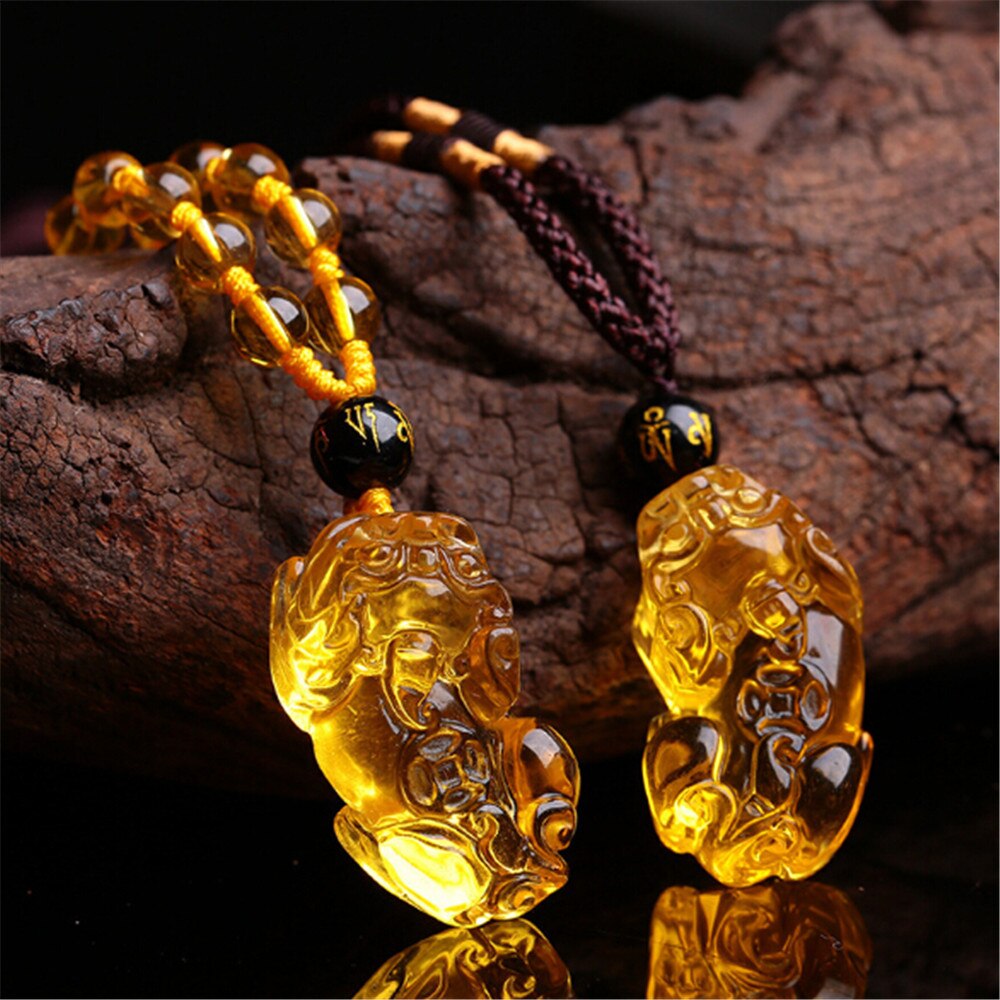 Yellow Crystal Pendant Hand Carved Natural Amulet