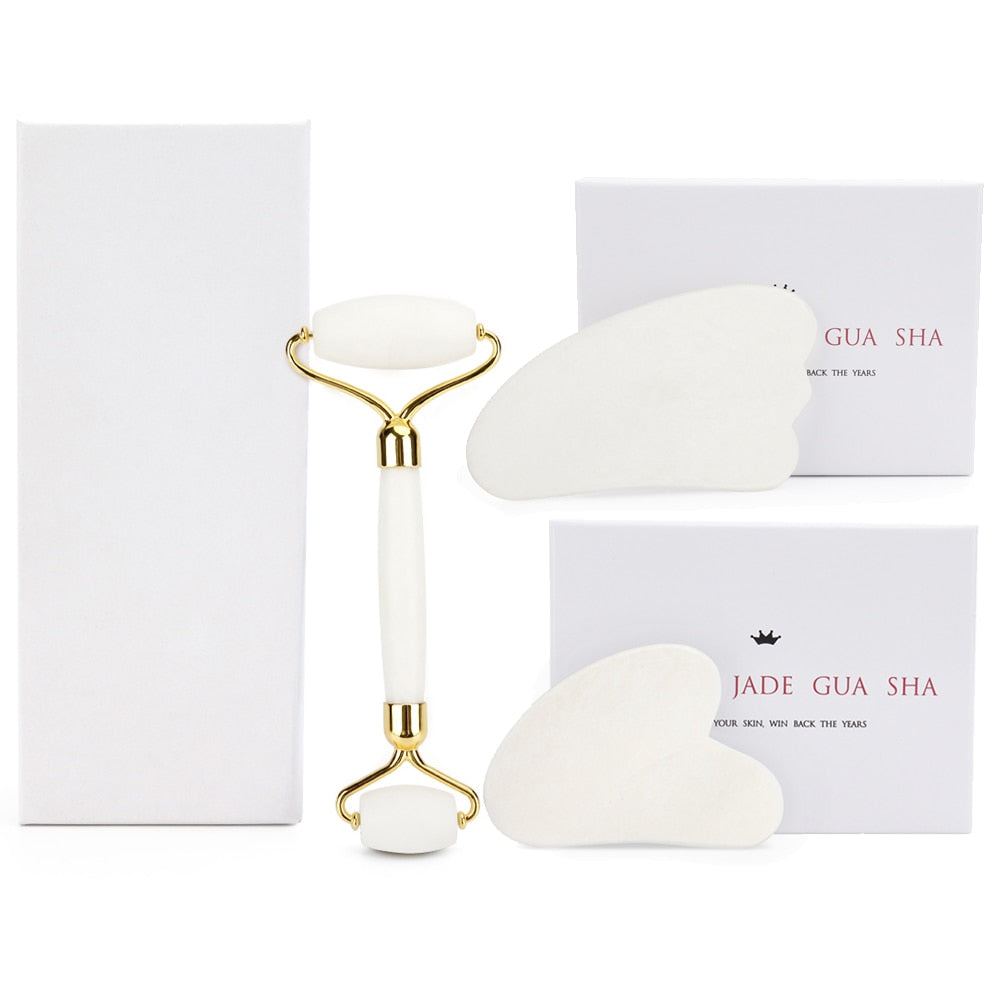 White Jade Roller Gua Sha Set Massage Tool White