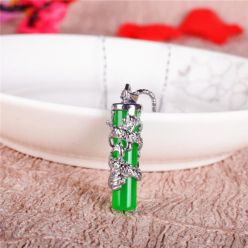 Natural Green Jade Dragon Pillar Pendant