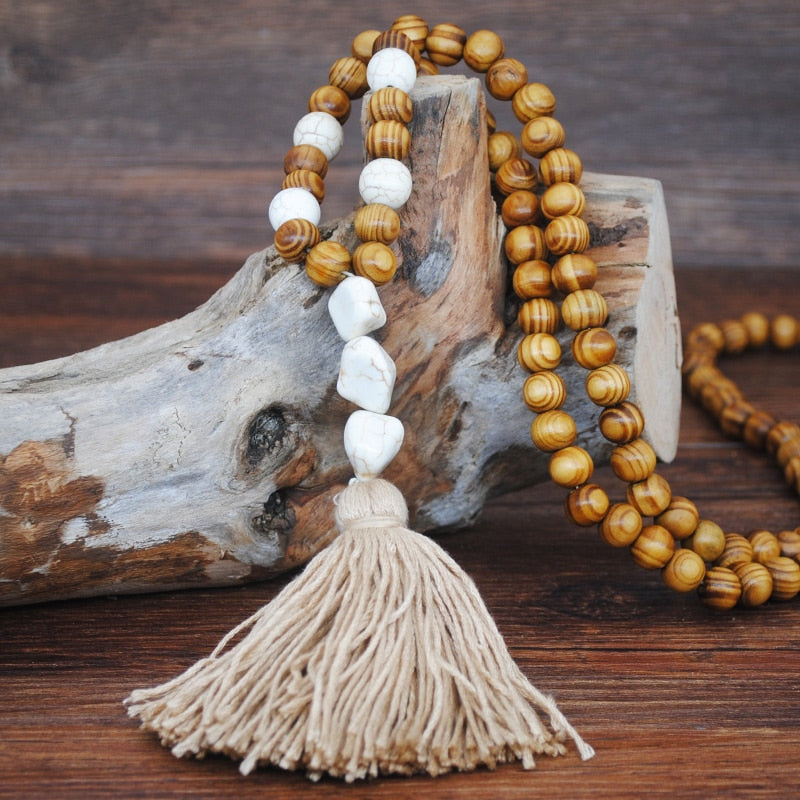 Bohemian Necklace Handmade Stones Tassels Wood