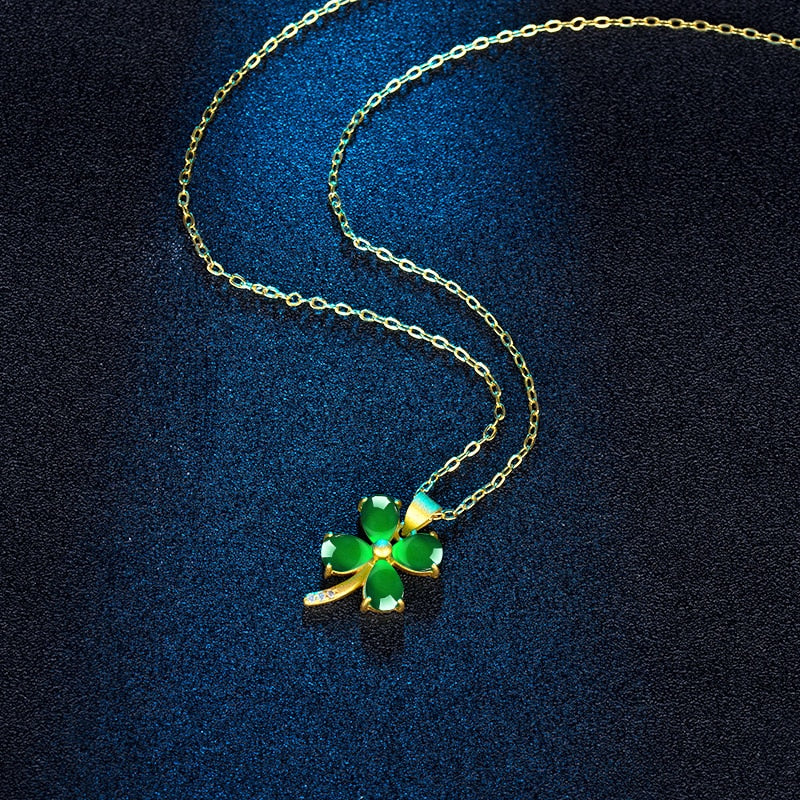 Natural Green Jade Clover Pendant Necklace