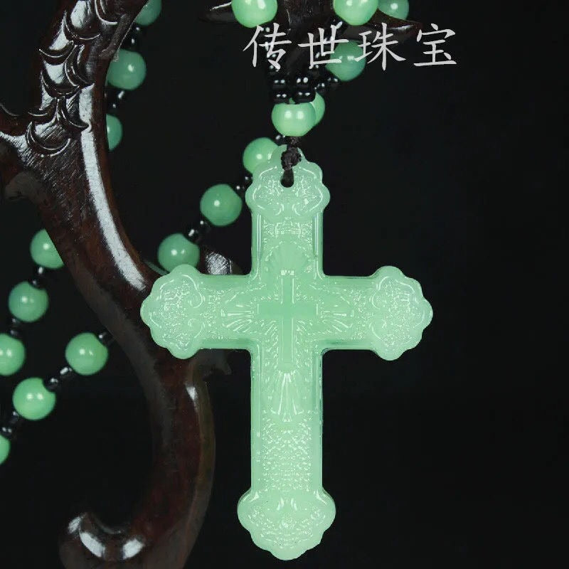 Chinese Natural Green Jade Cross Pendant